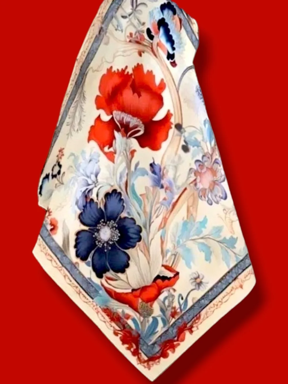 🧣 Beautiful Floral Silky Scarf in Cream, Red & Blue
